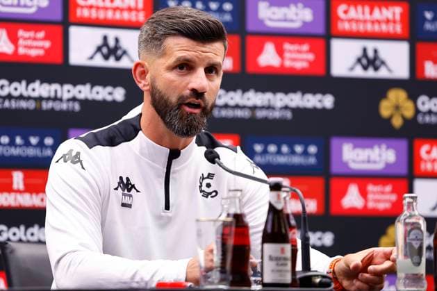 Cercle Brugge v Molde - UEFA Europa League - media activities BRUGGE, BELGIUM - AUGUST 14 : Muslic Miron head coach of Cercle Brugge and Daland Jesper defender of Cercle Brugge pictured during a press conference, PK, Pressekonferenz prior the UEFA Europa League third qualifying round 2nd leg match between Cercle Brugge and Molde on August 14, 2024 in Brugge, Belgium, 14 08 2024 Brugge Belgium  Copyright: xJanxDexMeuleneirx