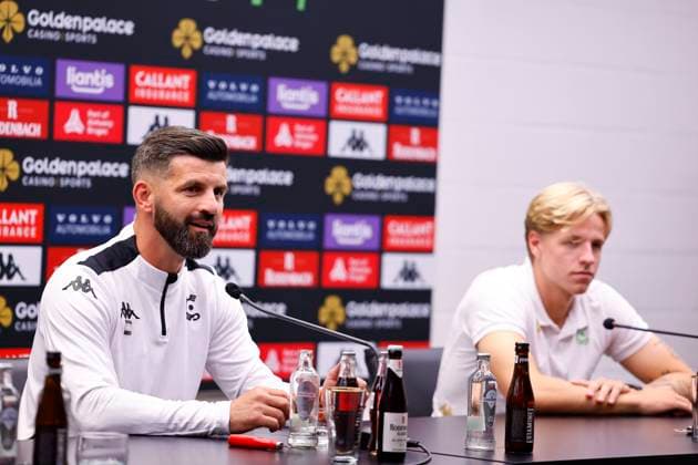 Cercle Brugge v Molde - UEFA Europa League - media activities BRUGGE, BELGIUM - AUGUST 14 : Muslic Miron head coach of Cercle Brugge and Daland Jesper defender of Cercle Brugge pictured during a press conference, PK, Pressekonferenz prior the UEFA Europa League third qualifying round 2nd leg match between Cercle Brugge and Molde on August 14, 2024 in Brugge, Belgium, 14 08 2024 Brugge Belgium  Copyright: xJanxDexMeuleneirx