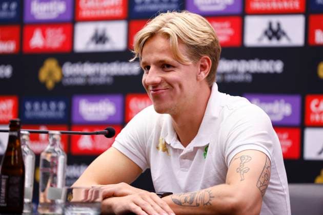 Cercle Brugge v Molde - UEFA Europa League - media activities BRUGGE, BELGIUM - AUGUST 14 : Muslic Miron head coach of Cercle Brugge and Daland Jesper defender of Cercle Brugge pictured during a press conference, PK, Pressekonferenz prior the UEFA Europa League third qualifying round 2nd leg match between Cercle Brugge and Molde on August 14, 2024 in Brugge, Belgium, 14 08 2024 Brugge Belgium  Copyright: xJanxDexMeuleneirx