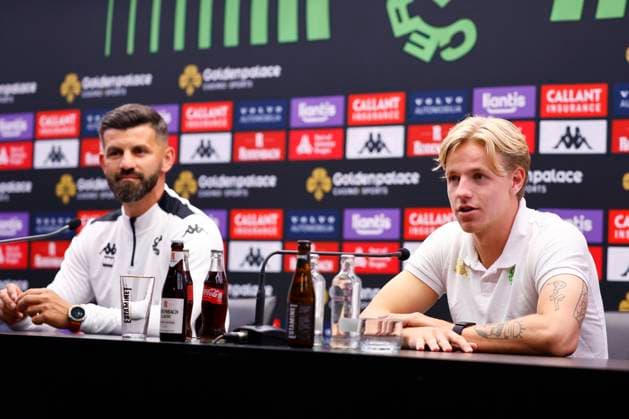 Cercle Brugge v Molde - UEFA Europa League - media activities BRUGGE, BELGIUM - AUGUST 14 : Muslic Miron head coach of Cercle Brugge and Daland Jesper defender of Cercle Brugge pictured during a press conference, PK, Pressekonferenz prior the UEFA Europa League third qualifying round 2nd leg match between Cercle Brugge and Molde on August 14, 2024 in Brugge, Belgium, 14 08 2024 Brugge Belgium  Copyright: xJanxDexMeuleneirx