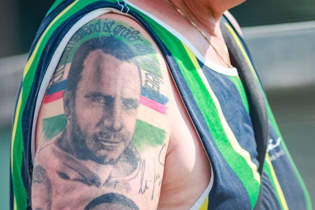SOCCER - UEFA EL, Rapid vs Trabzonspor VIENNA,AUSTRIA,14.AUG.24 - SOCCER - UEFA Europa League, qualification, SK Rapid Wien vs Trabzonspor Kuluebue, preview, training Rapid. Image shows a feature with a Tattoo of Steffen Hofmann.  GEPAxpictures xManuelxBinder