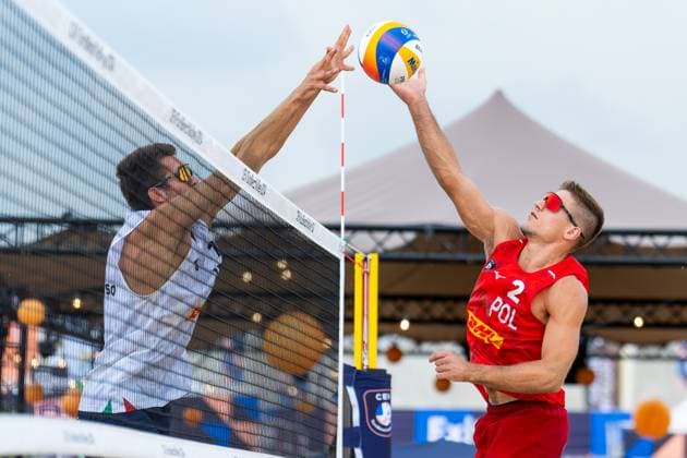 2024-08-14 CEV Beach volleyball, Beachvolleyball European Championships - Day 2 THE HAGUE, NETHERLANDS - AUGUST 14: Gianluca Dal Corso of Italy and Piotr Kantor of Poland during Day 2 of the CEV Beach Volleyball European Championships at The Hague Beach Stadium on August 14, 2024 in The Hague, Netherlands. (Photo by Joris Verwijst BSR Agency) The Hague Netherlands Content not available for redistribution in The Netherlands directly or indirectly through any third parties. Copyright: xBSRxAgencyx