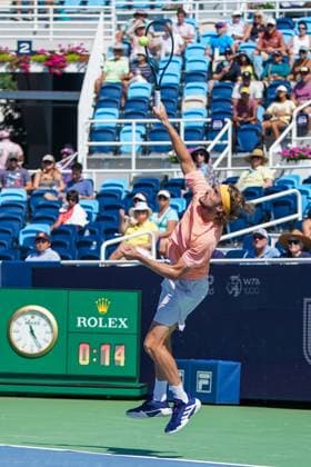 August 14, 2024, Mason, Ohio, USA: Stefanos Tsitsipas (GRE) serves to Jan-Lennard Struff (not pictured) during the first round of the 2024 Cincinnati Open at Lindner Family Tennis Center. Mason USA - ZUMAw109 20240814_fap_w109_010 Copyright: xDebbyxWongx