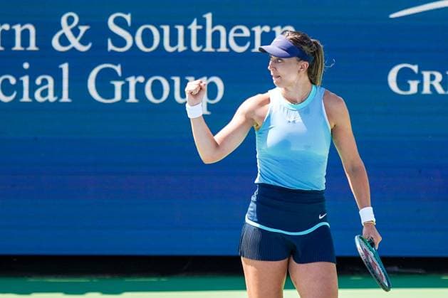 August 14, 2024, Mason, Ohio, USA: Paula Badosa (ESP) celebrates after a winner off Peyton Stearns (USA) (not pictured) during the womens singles first round of the 2024 Cincinnati Open at Lindner Family Tennis Center. Mason USA - ZUMAw109 20240814_fap_w109_022 Copyright: xDebbyxWongx