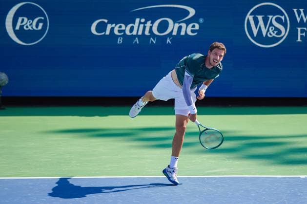 August 14, 2024, Mason, Ohio, USA: Pablo Carreno Busta (ESP) serves to Sebastian Korda (not pictured) during the mens singles first round of the 2024 Cincinnati Open at Lindner Family Tennis Center. Mason USA - ZUMAw109 20240814_fap_w109_071 Copyright: xDebbyxWongx