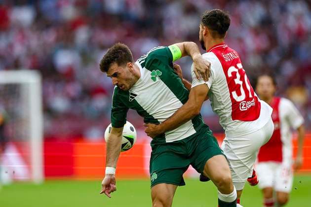 AMSTERDAM, 15-08-2024 , JohanCruyffStadium Football UEFA Europa League qualifier season 2024 2025. Ajax player Josip Sutalo vs Panathinaicos player Fotis Loannidis during the match Ajax - Panathinaikos. Ajax - Panathinaikos  x26037446x Copyright:
