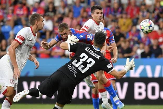 Daniel Vasulin (Plzen; 2nd from left) scores over goalkeeper Andriy Klishchuk (Kryvyi Rih) during the UEFA Europa League, third qualifying round, return match: FC Viktoria Plzen (Czechia) vs Kryvbas Kryvyi Rih (Ukraine), in Pilsen, Czech Republic, on August 15, 2024. (CTKxPhoto MiroslavxChaloupka) CTKPhotoP2024081506404  CTKPhotoP2024081506404