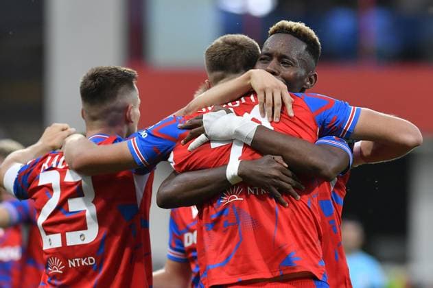 Players of Plzen celebrate a goal during the UEFA Europa League, third qualifying round, return match: FC Viktoria Plzen (Czechia) vs Kryvbas Kryvyi Rih (Ukraine), in Pilsen, Czech Republic, on August 15, 2024. (CTKxPhoto MiroslavxChaloupka) CTKPhotoP2024081506410  CTKPhotoP2024081506410