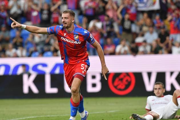 Daniel Vasulin (Plzen; left) celebrates his goal during the UEFA Europa League, third qualifying round, return match: FC Viktoria Plzen (Czechia) vs Kryvbas Kryvyi Rih (Ukraine), in Pilsen, Czech Republic, on August 15, 2024. (CTKxPhoto MiroslavxChaloupka) CTKPhotoP2024081506428  CTKPhotoP2024081506428