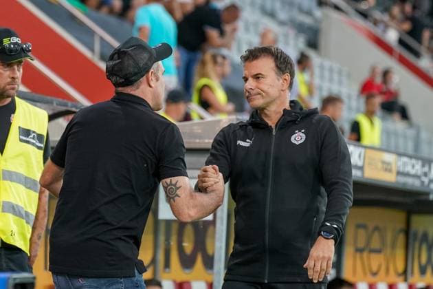 Football UEFA EURO LEAGUE 2024 2025 3 qualifying round FC LUGANO SUI vs PARTIZAN BELGRAD SRB , Arena Thun, Switzerland Coach Mattia Croci Torti FC Lugano and Coach Aleksandar StanojeviÄ‡ Partizan Stanojevic Thun SUI Copyright: xJOERANxSTEINSIEKx
