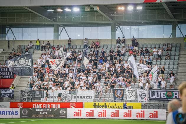Football UEFA EURO LEAGUE 2024 2025 3 qualifying round FC LUGANO SUI vs PARTIZAN BELGRAD SRB , Arena Thun, Switzerland Lugano Fans Thun SUI Copyright: xJOERANxSTEINSIEKx