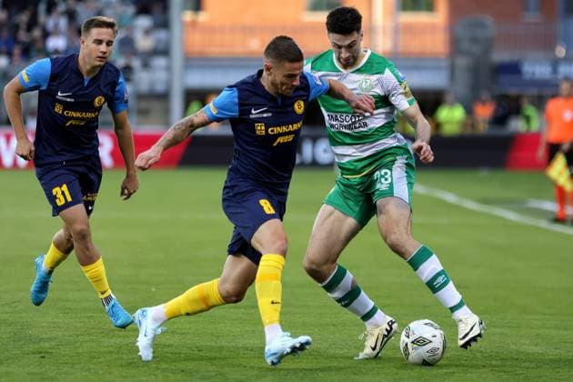 UEFA Europa League Third Qualifying Round Second Leg, Tallaght Stadium, Dublin 15 8 2024 Shamrock Rovers vs Celje Celje s Luka BobiÄanec and Neil Farrugia of the Shamrock Rovers Luka BobiÄanec and Neil Farrugia 15 8 2024  Copyright: x INPHO LaszloxGeczox LG_000434