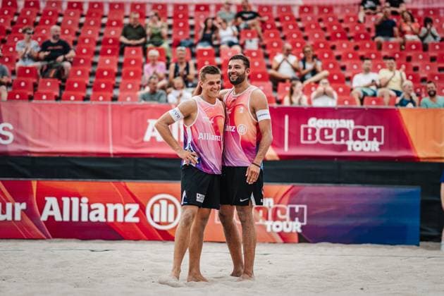 Beach volleyball men Allianz German Beach Tour 2024 Tourstop Kühlungsborn 2 15 08 2024 f l Luis Kubo and Nico Wegner Kühlungsborn Beach at the pier Mecklenburg Western Pomerania Germany