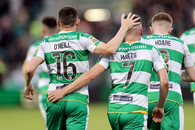 UEFA Europa League Third Qualifying Round Second Leg, Tallaght Stadium, Dublin 15 8 2024 Shamrock Rovers vs Celje Shamrock Rovers Dylan Watts celebrates scoring a penalty with Gary O Neill Dylan Watts celebrates scoring a penalty with Gary O Neill 15 8 2024  Copyright: x INPHO LaszloxGeczox LG_001436