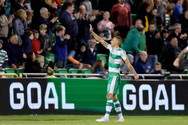UEFA Europa League Third Qualifying Round Second Leg, Tallaght Stadium, Dublin 15 8 2024 Shamrock Rovers vs Celje Shamrock Rovers Graham Burke celebrates scoring a goal Graham Burke celebrates scoring a goal 15 8 2024  Copyright: x INPHO LaszloxGeczox LG_003308