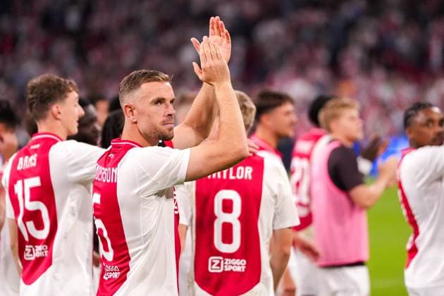 2024-08-15 AFC Ajax v Panathinaikos FC - UEFA Champions League Third Qualifying Round 2nd Leg AMSTERDAM, NETHERLANDS - AUGUST 15: Jordan Henderson of AFC Ajax celebrates his sides win during the UEFA Champions League Third Qualifying Round 2nd Leg match between AFC Ajax and Panathinaikos FC at Johan Cruijff ArenA on August 15, 2024 in Amsterdam, Netherlands. (Photo by Patrick Goosen BSR Agency) Amsterdam Netherlands Content not available for redistribution in The Netherlands directly or indirectly through any third parties. Copyright: xBSRxAgencyx