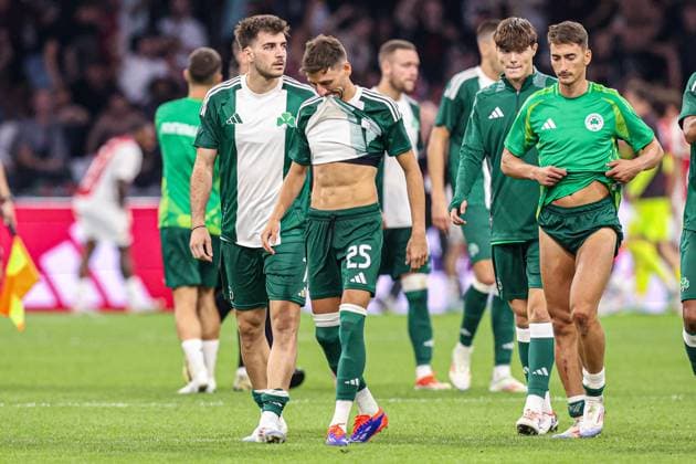 2024-08-15 AFC Ajax v Panathinaikos FC - UEFA Champions League Third Qualifying Round 2nd Leg AMSTERDAM, NETHERLANDS - AUGUST 15: Filip Mladenovic of Panathinaikos FC disappointed during the UEFA Champions League Third Qualifying Round 2nd Leg match between AFC Ajax and Panathinaikos FC at Johan Cruijff ArenA on August 15, 2024 in Amsterdam, Netherlands. (Photo by Peter Lous BSR Agency) Amsterdam Netherlands Content not available for redistribution in The Netherlands directly or indirectly through any third parties. Copyright: xBSRxAgencyx