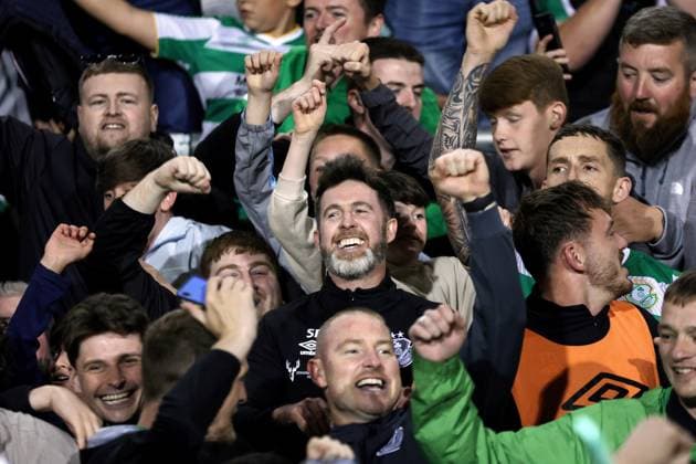 UEFA Europa League Third Qualifying Round Second Leg, Tallaght Stadium, Dublin 15 8 2024 Shamrock Rovers vs Celje Shamrock Rovers head coach Stephen Bradley celebrates with fans after the game Stephen Bradley celebrates with fans after the game 15 8 2024  Copyright: x INPHO LaszloxGeczox LG_004505