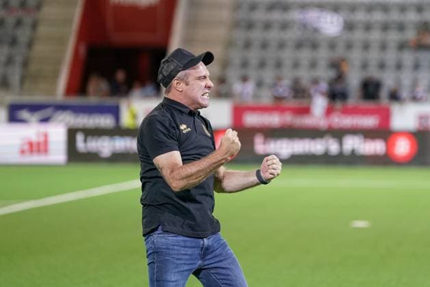 Football UEFA EURO LEAGUE 2024 2025 3rd qualifying round FC LUGANO SUI vs PARTIZAN BELGRAD SRB , Arena Thun, Switzerland Coach Mattia Croci Torti FC Lugano is visibly emotional about his teams progress Gestures, facial expressions Thun SUI Copyright: xJOERANxSTEINSIEKx