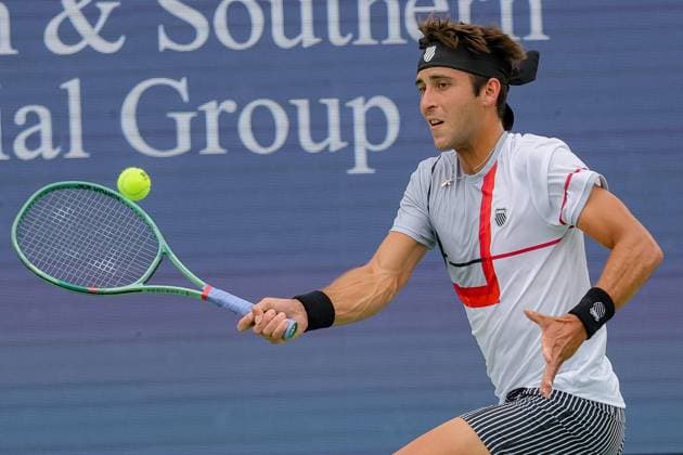 August 15, 2024, Mason, Ohio, U.S: Tomas Martin Etcheverry (ARG) hits a forehand shot during ThursdayÃ¢â‚¬â ¢s round of the Cincinnati Open at the Lindner Family Tennis Center , Mason, Oh. Mason U.S - ZUMAs304 20240815_zaf_s304_222 Copyright: xScottxStuartx