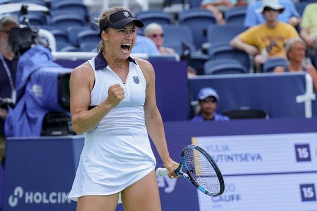 August 15, 2024, Mason, Ohio, U.S: Yulia Putintseva (KAZ) reacts to a shot during Thursday s round of the Cincinnati Open at the Lindner Family Tennis Center. Putintseva won 6:4, 2:6, 6:4. Mason U.S - ZUMAs304 20240815_zaf_s304_184 Copyright: xScottxStuartx