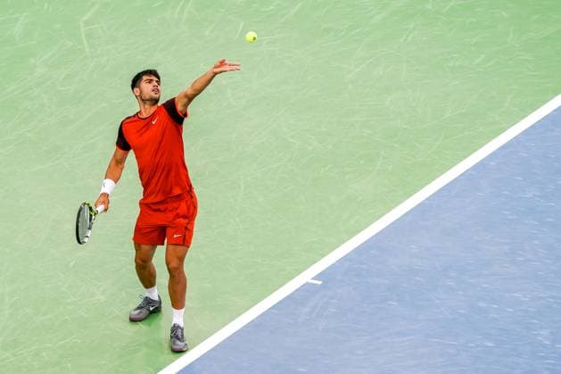 August 15, 2024, Mason, Ohio, USA: Carlos Alcaraz (ESP) serves to Gael Monfils (not pictured)during the mens singles second round of the 2024 Cincinnati Open at Lindner Family Tennis Center. Mason USA - ZUMAw109 20240815_fap_w109_007 Copyright: xDebbyxWongx