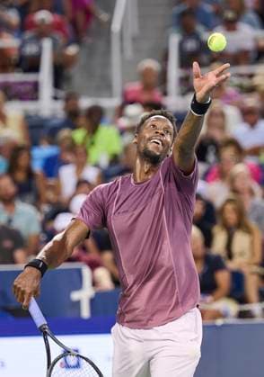 CINCINNATI, OH - AUGUST 15: Gael Monfils of France serves the ball in his match against Carlos Alcaraz of Spain during the second round of the Cincinnati Open at the Lindner Family Tennis Center on August 15, 2024 in Mason, OH. (Photo by Shelley Lipton Icon Sportswire) TENNIS: AUG 15 Western & Southern Open EDITORIAL USE ONLY Icon2408158117