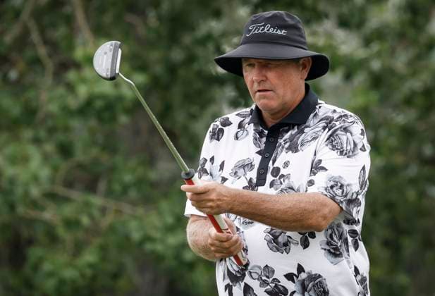 August 16, 2024, Calgary, Ab, CANADA: Canada s Alan McLean lines up his putt on the third green during the PGA, Golf Herren Tour Champions golf event in Calgary, Alta., Friday, Aug. 16, 2024. Alan McLean  - ZUMAc35_ 20240816_zaf_c35_099 Copyright: xJeffxMcintoshx