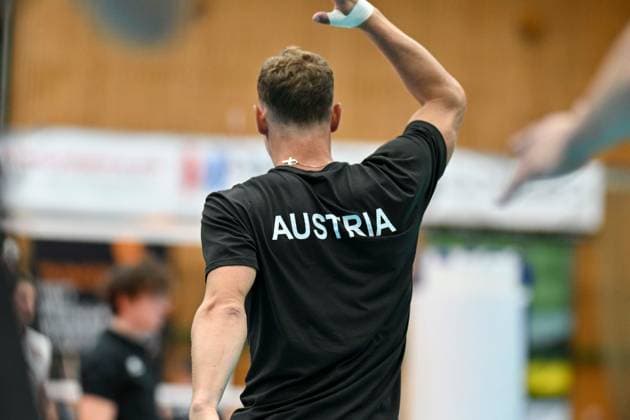 VOLLEYBALL - CEV EuroVolley 2026 quali HARTBERG,AUSTRIA,17.AUG.24 - VOLLEYBALL - CEV EuroVolley 2026, men, qualification, OEVV international match, Länderspiel, Nationalmannschaft Austria vs Azerbaijan. Image shows Paul Buchegger (AUT) during warm-up.  GEPAxpictures xAvnixRetkoceri