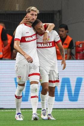 Sport Themen der Woche KW33 Sport Bilder des Tages Supercup 2024 - Bayer 04 Leverkusen - VfB Stuttgart am 17.08.2024 in der BayArena in Leverkusen Jubel, Torjubel, Torschuetze, Torschütze Enzo Millot (Stuttgart 8) jubelt nach seinem Tor zum 1 zu 1 *** Supercup 2024 Bayer 04 Leverkusen VfB Stuttgart on 17 08 2024 in the BayArena in Leverkusen Cheering, goal celebration, goal scorer, goal scorer Enzo Millot Stuttgart 8 cheers after his goal for 1 to 1 MH