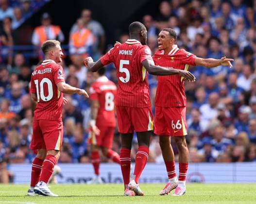 Ipswich, England, 17th August 2024. Liverpool™s Trent Alexander-Arnold celebrates his sides opening goal during the Premier League match at Portman Road, Ipswich. Picture credit should read: David Klein Sportimage EDITORIAL USE ONLY. No use with unauthorised audio, video, data, fixture lists, club league logos or live services. Online in-match use limited to 120 images, no video emulation. No use in betting, games or single club league player publications. SPI-3259-0050