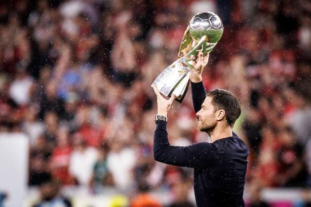 DFL Supercup 2024, Bayer 04 Leverkusen VfB Stuttgart 17 08 2024 Xabi Alonso Head Coach Bayer 04 Leverkusen celebrates Leverkusen, 17 08 2024 DFL Supercup 2024, Bayer 04 Leverkusen VfB Stuttgart in the BayArena in Leverkusen DFL REGULATIONS PROHIBIT ANY USE OF PHOTOGRAPHS AS IMAGE SEQUENCES AND OR QUASI VIDEO Copyright: xBEAUTIFULxSPORTS AxelxKohringx