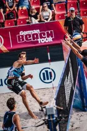 Beach volleyball men Allianz German Beach Tour 2024 Tourstop Kühlungsborn 2 17 08 2024 Daniel Kirchner on the attack Kühlungsborn beach at the pier Mecklenburg Western Pomerania Germany