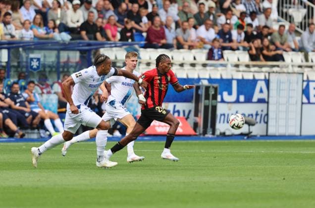 RECORD DATE NOT STATED (Auxerre) Theo Bair - Paul Joly (Nice) Hicham Boudaoui Football : Auxerre vs Nice - Ligue 1 - 18 08 2024 StephanieGrossetete Panoramic 