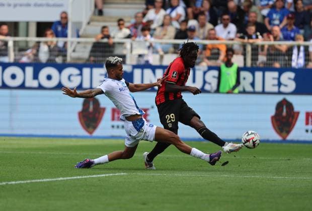 RECORD DATE NOT STATED (Auxerre) Junior Jubal (Nice) Evann Guessand Football : Auxerre vs Nice - Ligue 1 - 18 08 2024 StephanieGrossetete Panoramic 