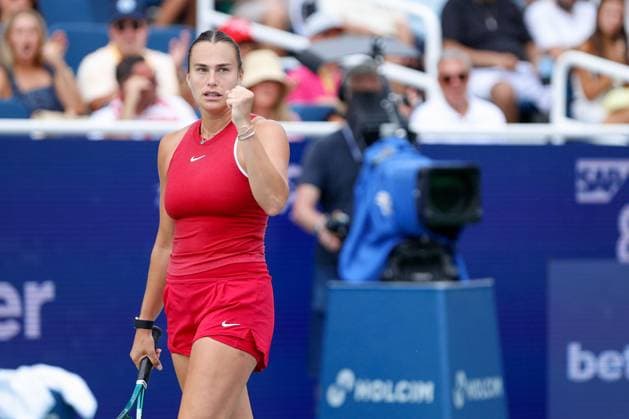 CINCINNATI, OH - AUGUST 18: Aryna Sabalenka of Belarus reacts during the semifinal round of the Cincinnati Open on August 18, 2024, at the Lindner Family Tennis Center in Mason, OH. (Photo by Ian Johnson Icon Sportswire) TENNIS: AUG 18 Cincinnati Open EDITORIAL USE ONLY Icon240818006
