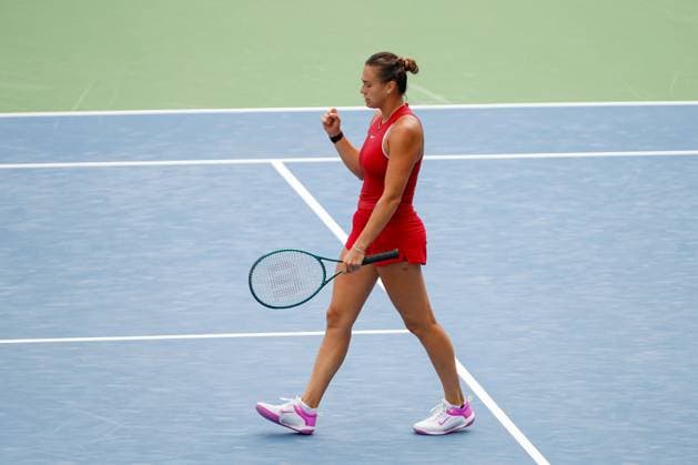 CINCINNATI, OH - AUGUST 18: Aryna Sabalenka of Belarus reacts after defeating Iga Swiatek of Poland during the semifinal round of the Cincinnati Open on August 18, 2024, at the Lindner Family Tennis Center in Mason, OH. (Photo by Ian Johnson Icon Sportswire) TENNIS: AUG 18 Cincinnati Open EDITORIAL USE ONLY Icon240818014