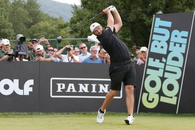 WHITE SULPHUR SPRINGS, WV - AUGUST 18: Legion XIII GC s Jon Rahm watches his shot from the 1st tee during the final round of the LIV Golf League Greenbrier at The Old White Course on August 18, 2024, in White Sulphur Springs, WV. (Photo by Lee Coleman Icon Sportswire) GOLF: AUG 18 LIV Golf League Greenbrier EDITORIAL USE ONLY Icon155240818001