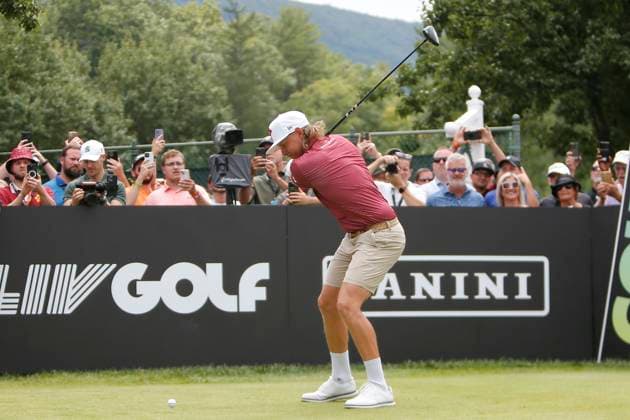 WHITE SULPHUR SPRINGS, WV - AUGUST 18: Ripper GC s Captain Cam Smith drives the ball from the 1st tee during the final round of the LIV Golf League Greenbrier at The Old White Course on August 18, 2024, in White Sulphur Springs, WV. (Photo by Lee Coleman Icon Sportswire) GOLF: AUG 18 LIV Golf League Greenbrier EDITORIAL USE ONLY Icon155240818005
