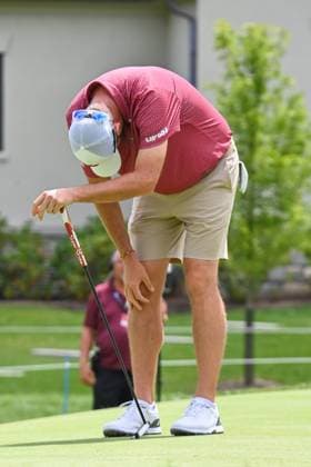 WHITE SULPHUR SPRINGS, WV - AUGUST 18: Ripper GC s Marc Leishman reacts to missing a birdie putt on the third hole during the final round of LIV Golf Greenbrier tournament at The Greenbrier Resort on August 18, 2024, in White Sulphur Springs, WV.(Photo by Brian Bishop Icon Sportswire) GOLF: AUG 18 LIV Golf League Greenbrier EDITORIAL USE ONLY Icon240818011