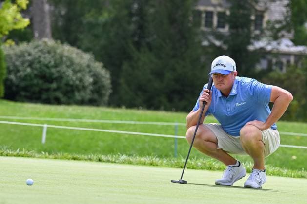 WHITE SULPHUR SPRINGS, WV - AUGUST 18: Smash GC s Jason Kokrak reads his putt on the third green during the final round of LIV Golf Greenbrier tournament at The Greenbrier Resort on August 18, 2024, in White Sulphur Springs, WV.(Photo by Brian Bishop Icon Sportswire) GOLF: AUG 18 LIV Golf League Greenbrier EDITORIAL USE ONLY Icon240818012