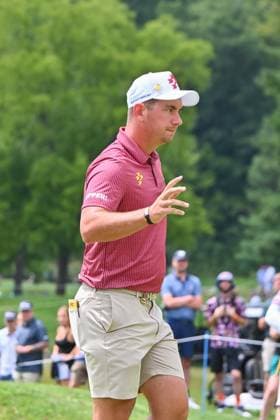 WHITE SULPHUR SPRINGS, WV - AUGUST 18: Ripper GC s Lucas Herbert reacts to the crowd after making birdie on the second hole during the final round of LIV Golf Greenbrier tournament at The Greenbrier Resort on August 18, 2024, in White Sulphur Springs, WV.(Photo by Brian Bishop Icon Sportswire) GOLF: AUG 18 LIV Golf League Greenbrier EDITORIAL USE ONLY Icon240818016