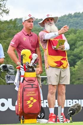 WHITE SULPHUR SPRINGS, WV - AUGUST 18: Ripper GC s Lucas Herbert and his caddie discuss the tee shot on the third hole during the final round of LIV Golf Greenbrier tournament at The Greenbrier Resort on August 18, 2024, in White Sulphur Springs, WV.(Photo by Brian Bishop Icon Sportswire) GOLF: AUG 18 LIV Golf League Greenbrier EDITORIAL USE ONLY Icon240818018