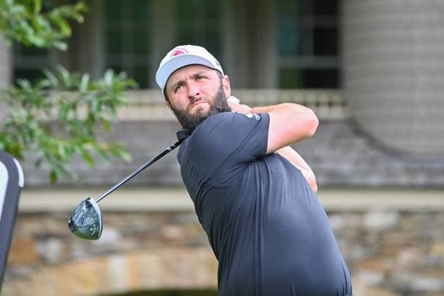 WHITE SULPHUR SPRINGS, WV - AUGUST 18: Legion XIII GC s Jon Rahm watches his shot from the fourth tee during the final round of LIV Golf Greenbrier tournament at The Greenbrier Resort on August 18, 2024, in White Sulphur Springs, WV.(Photo by Brian Bishop Icon Sportswire) GOLF: AUG 18 LIV Golf League Greenbrier EDITORIAL USE ONLY Icon240818027