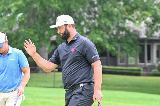 WHITE SULPHUR SPRINGS, WV - AUGUST 18: Legion XIII GC s Jon Rahm acknowledges the crowd after making birdie on the fourth hole during the final round of LIV Golf Greenbrier tournament at The Greenbrier Resort on August 18, 2024, in White Sulphur Springs, WV.(Photo by Brian Bishop Icon Sportswire) GOLF: AUG 18 LIV Golf League Greenbrier EDITORIAL USE ONLY Icon240818029
