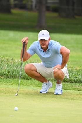 WHITE SULPHUR SPRINGS, WV - AUGUST 18: Smash GC s Captain Brooks Koepka reads the green on the fourth hole during the final round of LIV Golf Greenbrier tournament at The Greenbrier Resort on August 18, 2024, in White Sulphur Springs, WV.(Photo by Brian Bishop Icon Sportswire) GOLF: AUG 18 LIV Golf League Greenbrier EDITORIAL USE ONLY Icon240818030