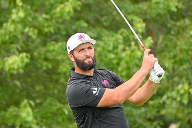 WHITE SULPHUR SPRINGS, WV - AUGUST 18: Legion XIII GC s Jon Rahm watches his shot from the fifth tee during the final round of LIV Golf Greenbrier tournament at The Greenbrier Resort on August 18, 2024, in White Sulphur Springs, WV.(Photo by Brian Bishop Icon Sportswire) GOLF: AUG 18 LIV Golf League Greenbrier EDITORIAL USE ONLY Icon240818033
