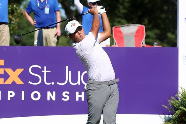 MEMPHIS, TN - AUGUST 18: Si Woo Kim (KOR) during the final round of the 2024 FedEx St. Jude Championship on August 18, 2024 at TPC Southwind in Memphis, Tennessee. (Photo by Michael Wade Icon Sportswire) GOLF: AUG 18 PGA, Golf Herren FedExCup Playoffs - FedEx St. Jude Championship EDITORIAL USE ONLY Icon08182412