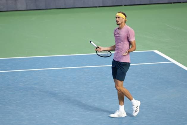 CINCINNATI, OH - AUGUST 18: Alexander Zverev of Germany reacts to call during the semifinal round of the Cincinnati Open on August 18, 2024, at the Lindner Family Tennis Center in Mason, OH. (Photo by Ian Johnson Icon Sportswire) TENNIS: AUG 18 Cincinnati Open EDITORIAL USE ONLY Icon240818043