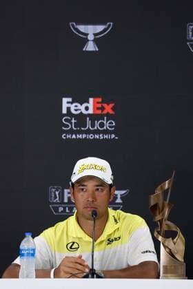 MEMPHIS, TN - AUGUST 18: Hideki Matsuyama listens to a question in the press conference, PK, Pressekonferenz following his win in the final round of the FedEx St. Jude Championship, August 18, 2024 at TPC Southwind in Memphis, Tennessee. (Photo by Matthew Maxey Icon Sportswire) GOLF: AUG 18 PGA, Golf Herren FedExCup Playoffs - FedEx St. Jude Championship EDITORIAL USE ONLY Icon240818036